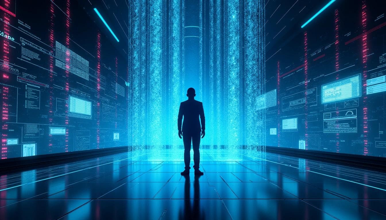 A person facing a luminous digital environment