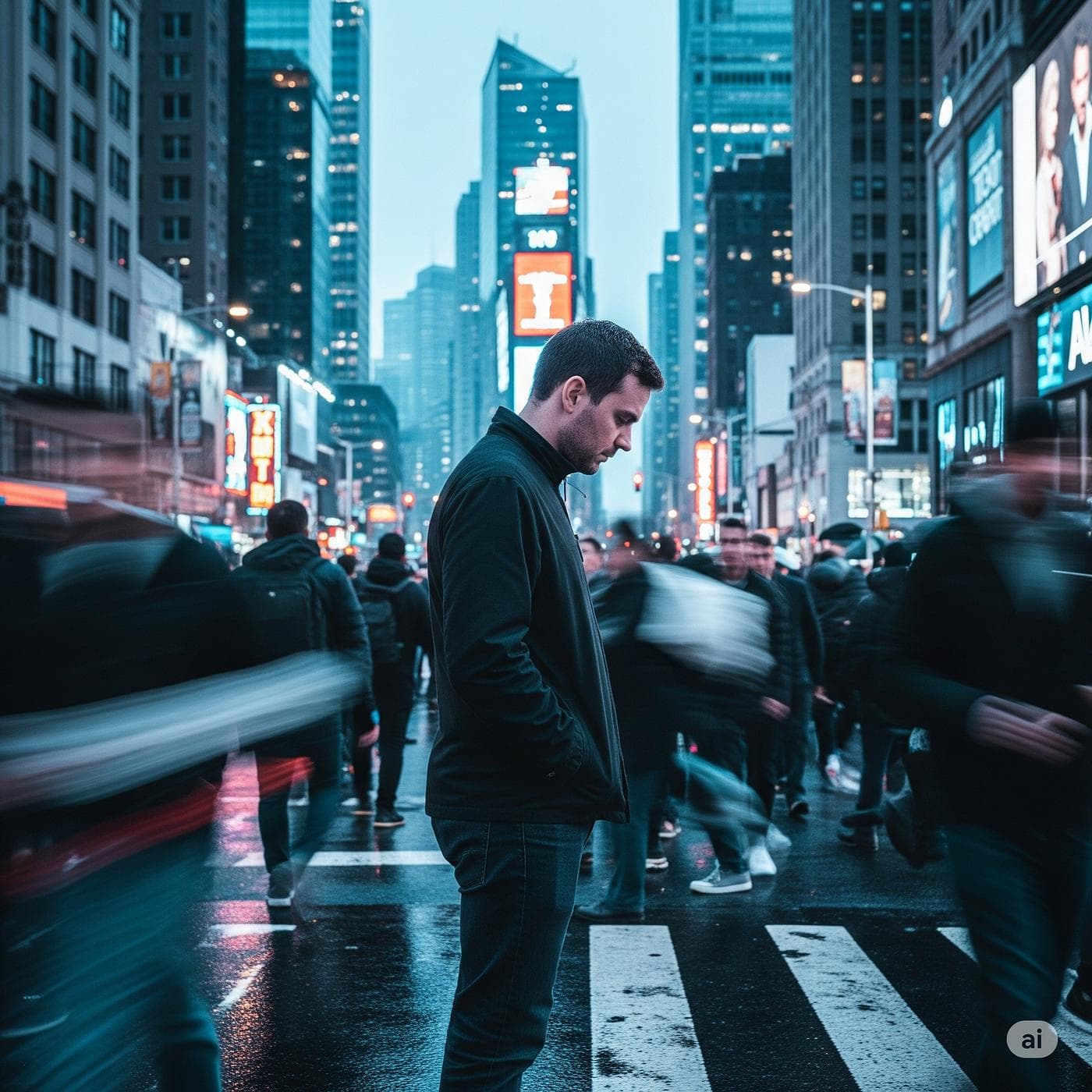 A person standing still as the city moves around them